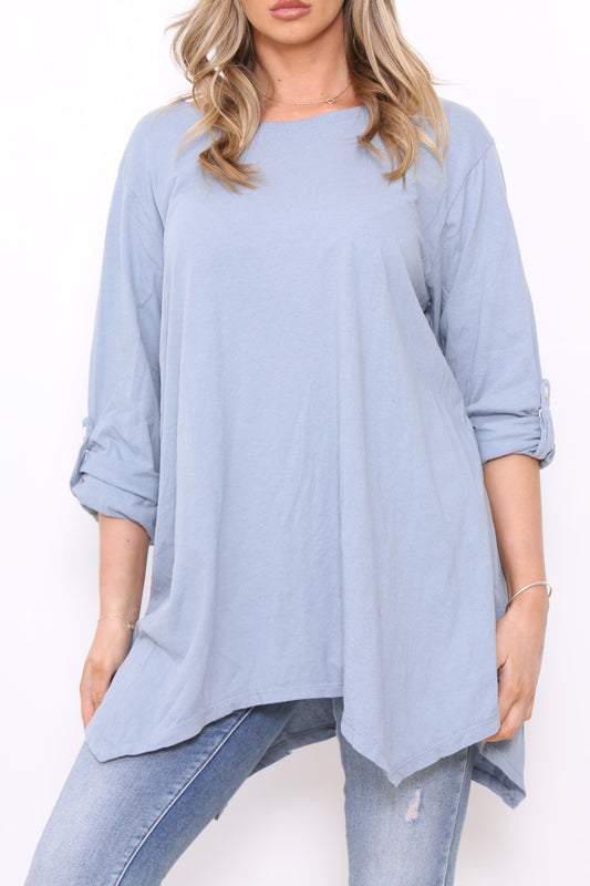 Ladies Plain Roll Up Sleeve T-Shirt Style Top Denim