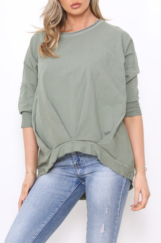 Ladies Frayed Hem Detail Sweatshirt Top Khaki