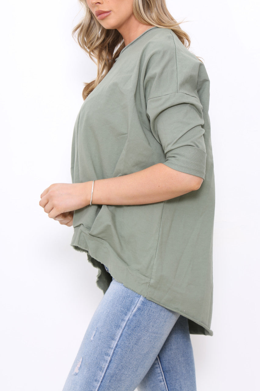 Dames Sweater Top met Gerafelde Zoom Khaki