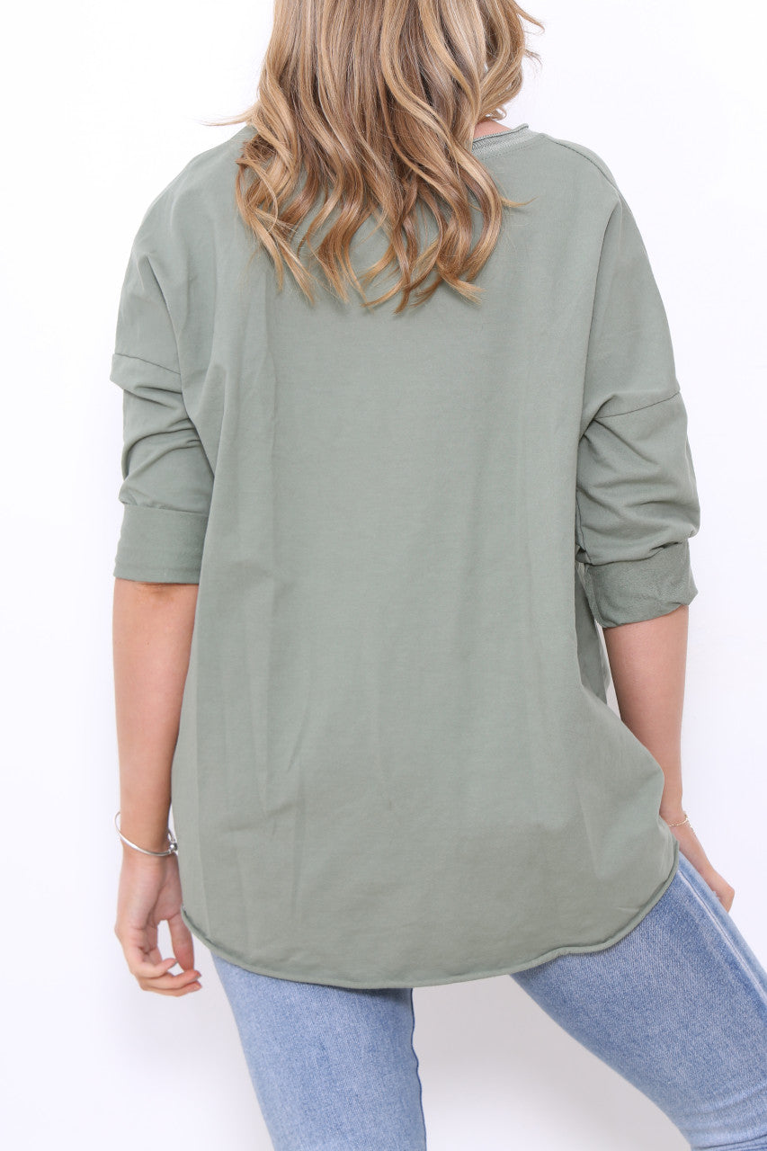 Dames Sweater Top met Gerafelde Zoom Khaki