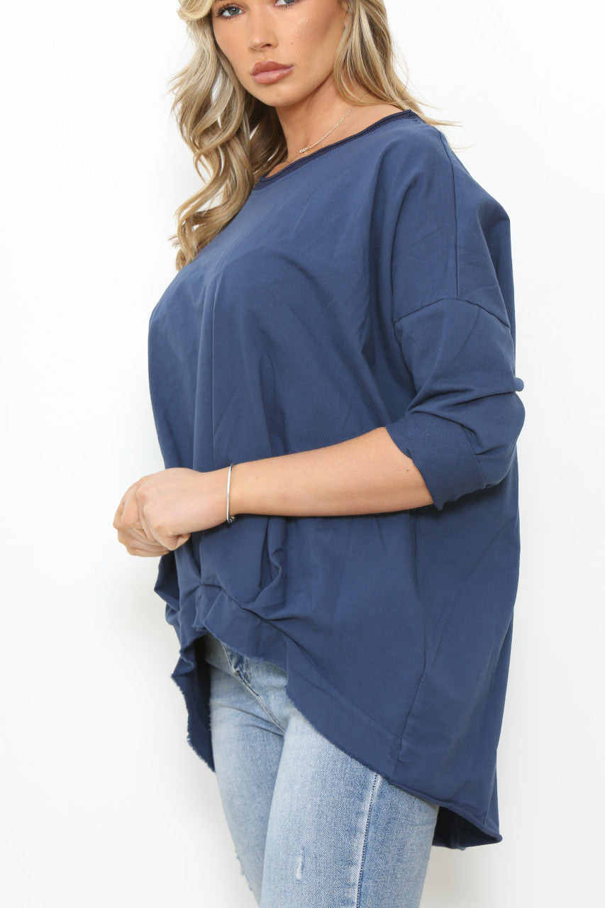 Ladies Frayed Hem Detail Sweatshirt Top Navy