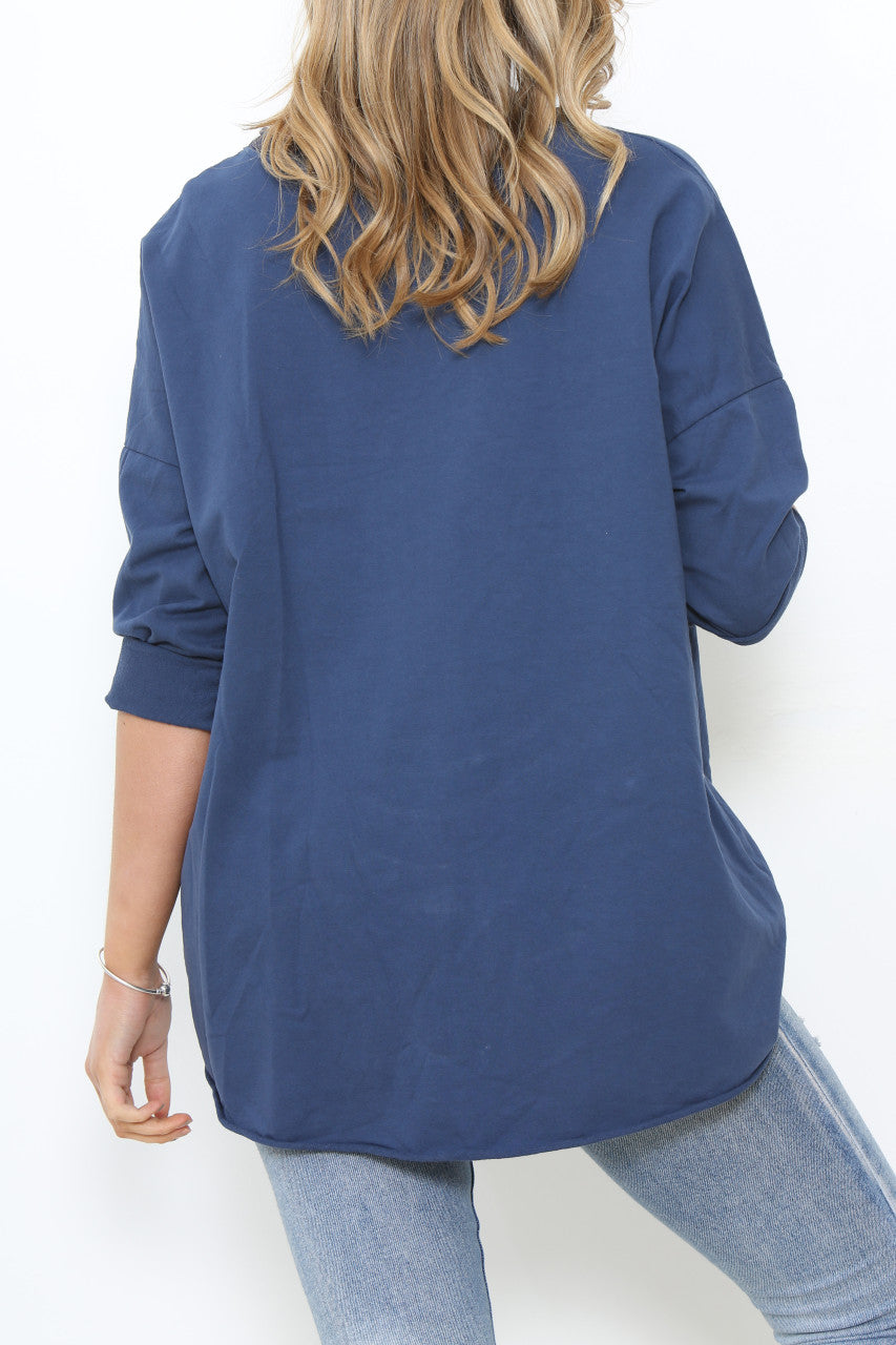 Ladies Frayed Hem Detail Sweatshirt Top Navy