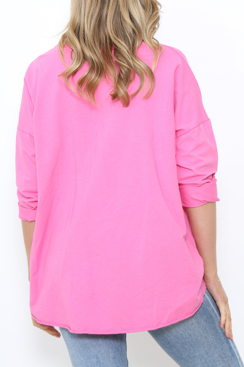 Ladies Frayed Hem Detail Sweatshirt Top Cerise