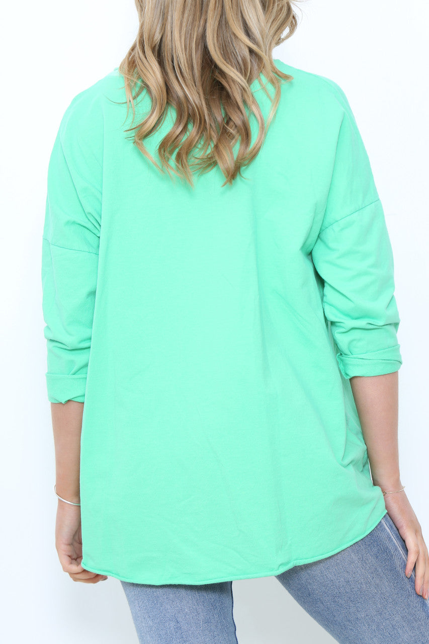 Ladies Frayed Hem Detail Sweatshirt Top Green