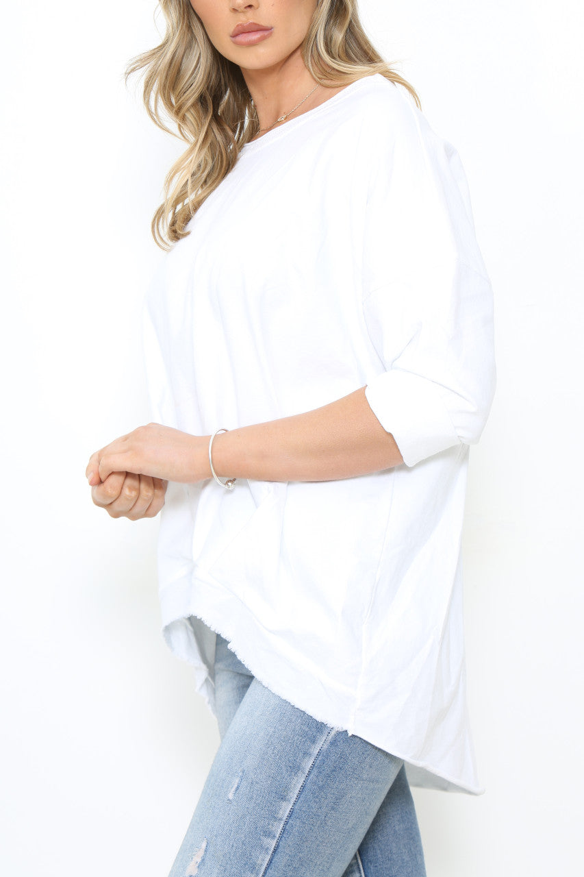 Ladies Frayed Hem Detail Sweatshirt Top White