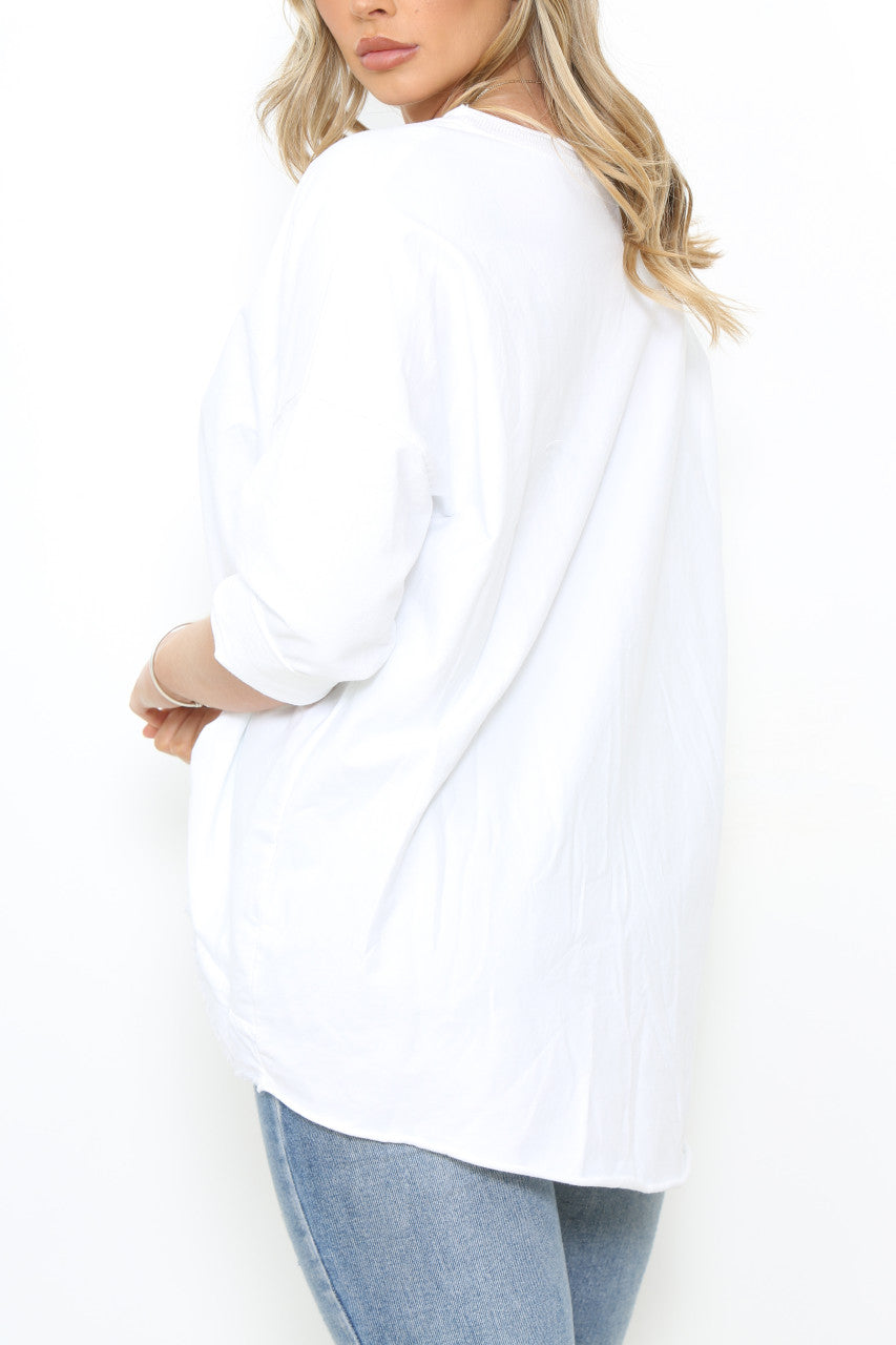 Ladies Frayed Hem Detail Sweatshirt Top White
