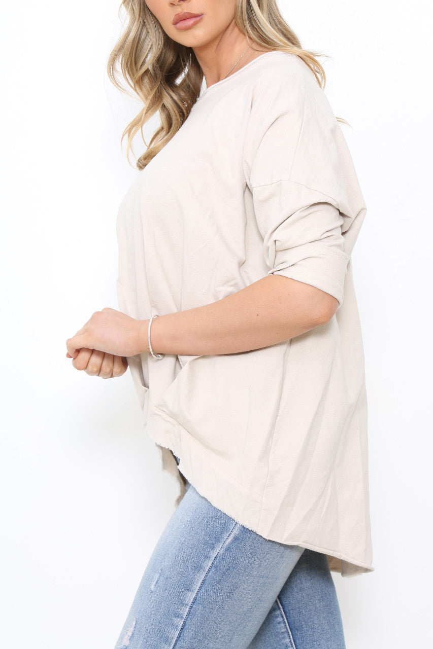 Dames sweatshirt met gerafelde zoom steenkleurig
