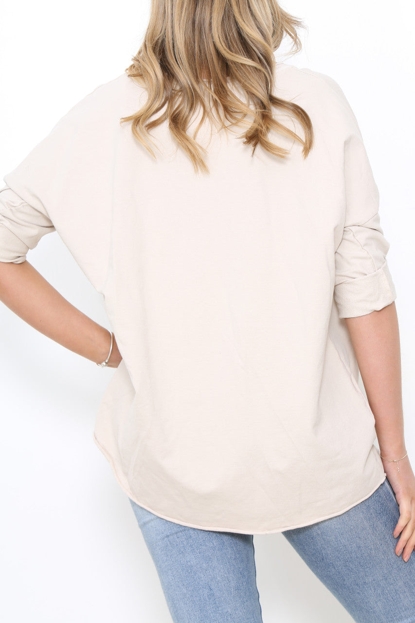 Dames sweatshirt met gerafelde zoom steenkleurig