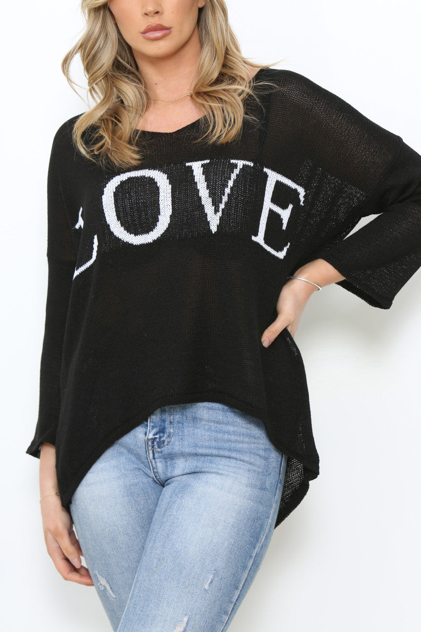 Ladies LOVE Fine Knit Jumper Top Black