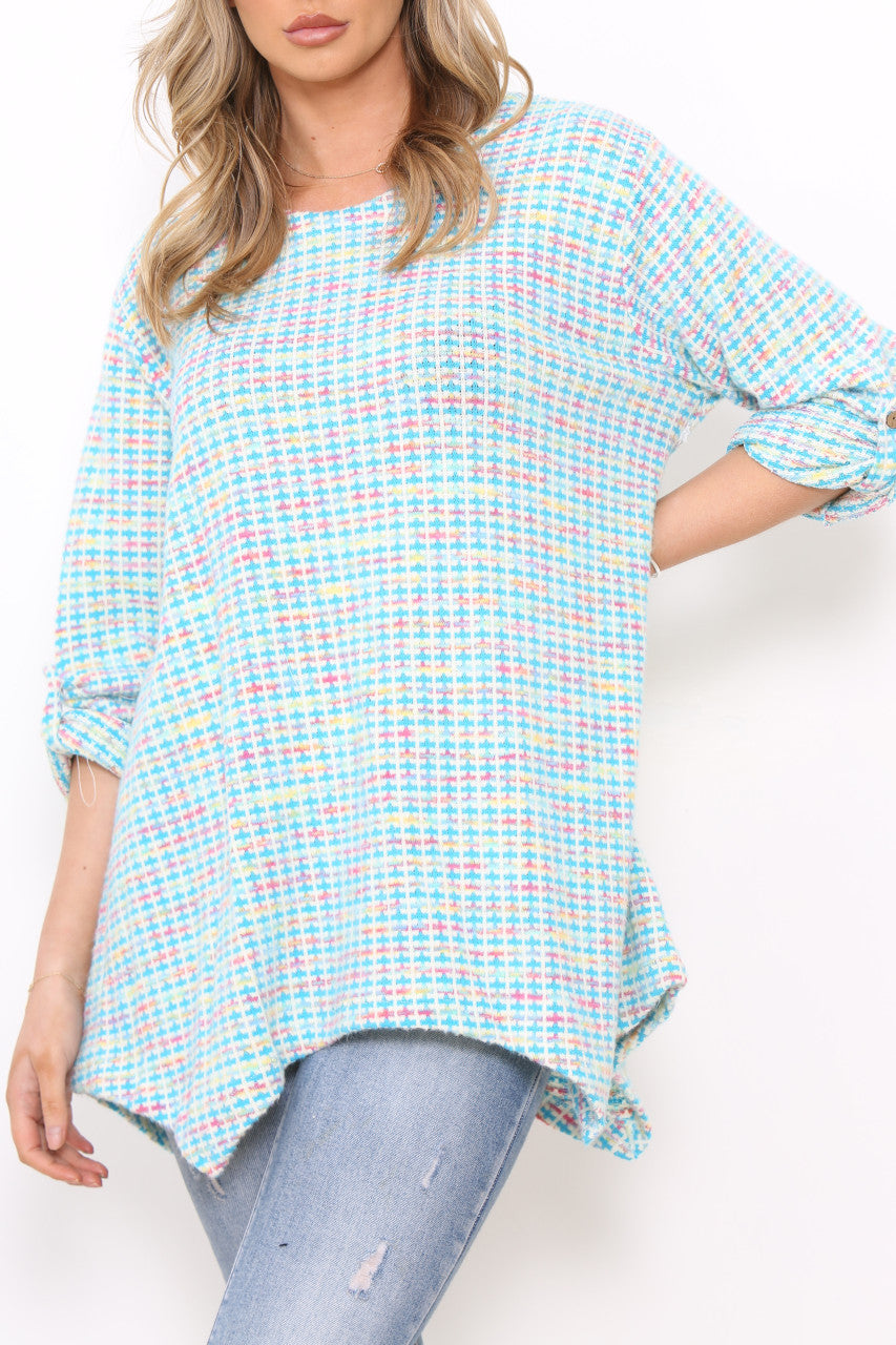 Ladies Multicoloured Pastel Knit Tunic Top Turquoise