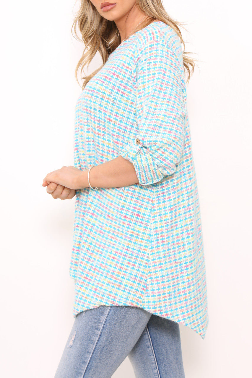 Ladies Multicoloured Pastel Knit Tunic Top Turquoise