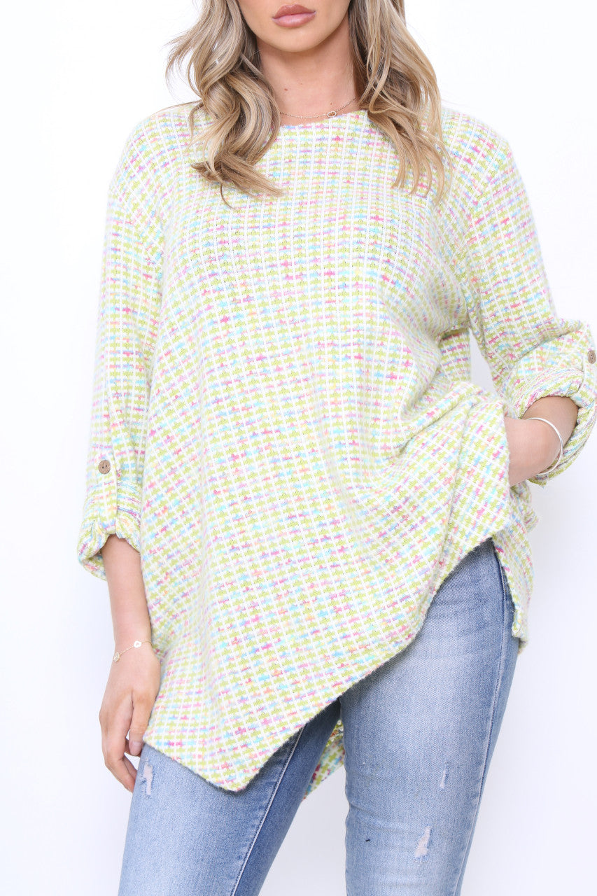 Dames Meerkleurige Pastel Gebreide Tuniek Top Limoengroen