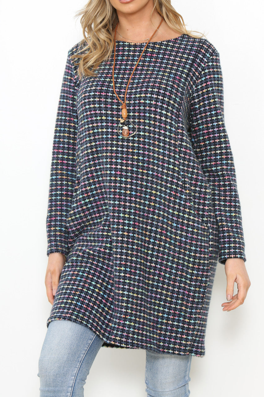 Ladies Multicoloured Pastel Knit Tunic Top Dress Navy