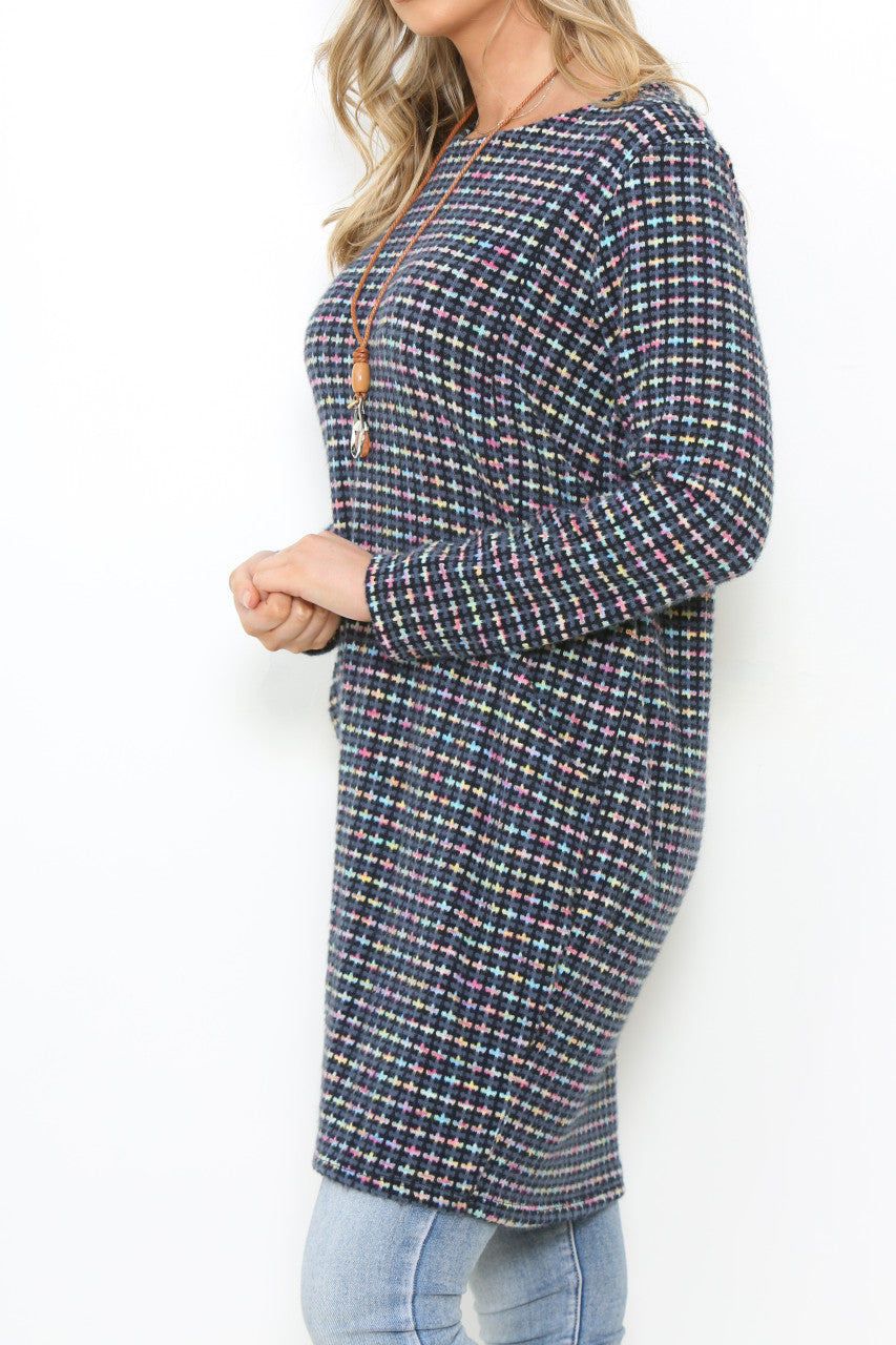 Ladies Multicoloured Pastel Knit Tunic Top Dress Navy