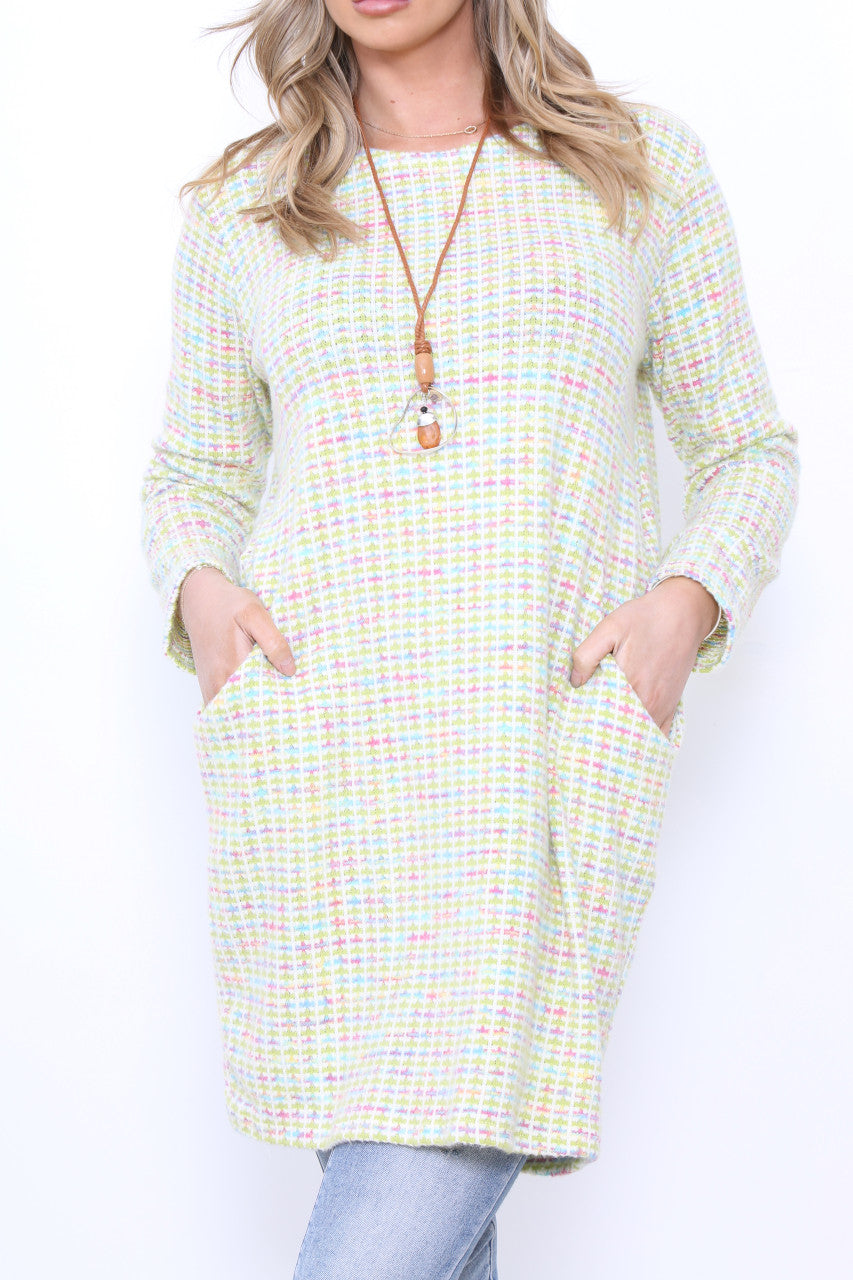 Ladies Multicoloured Pastel Knit Tunic Top Dress Lime