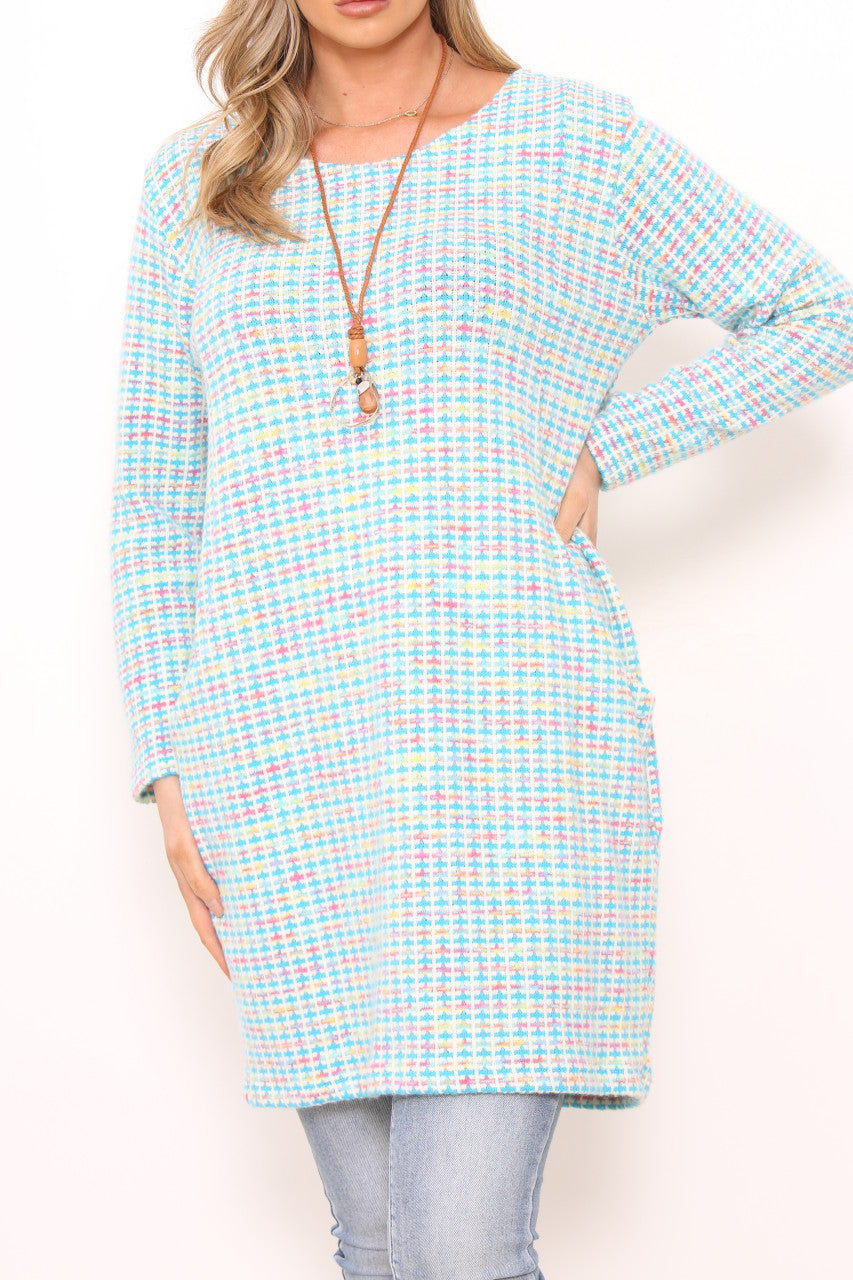 Dames Meerkleurige Pastel Gebreide Tuniek Top Jurk Turquoise