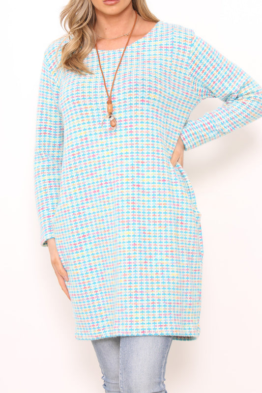 Dames Meerkleurige Pastel Gebreide Tuniek Top Jurk Turquoise