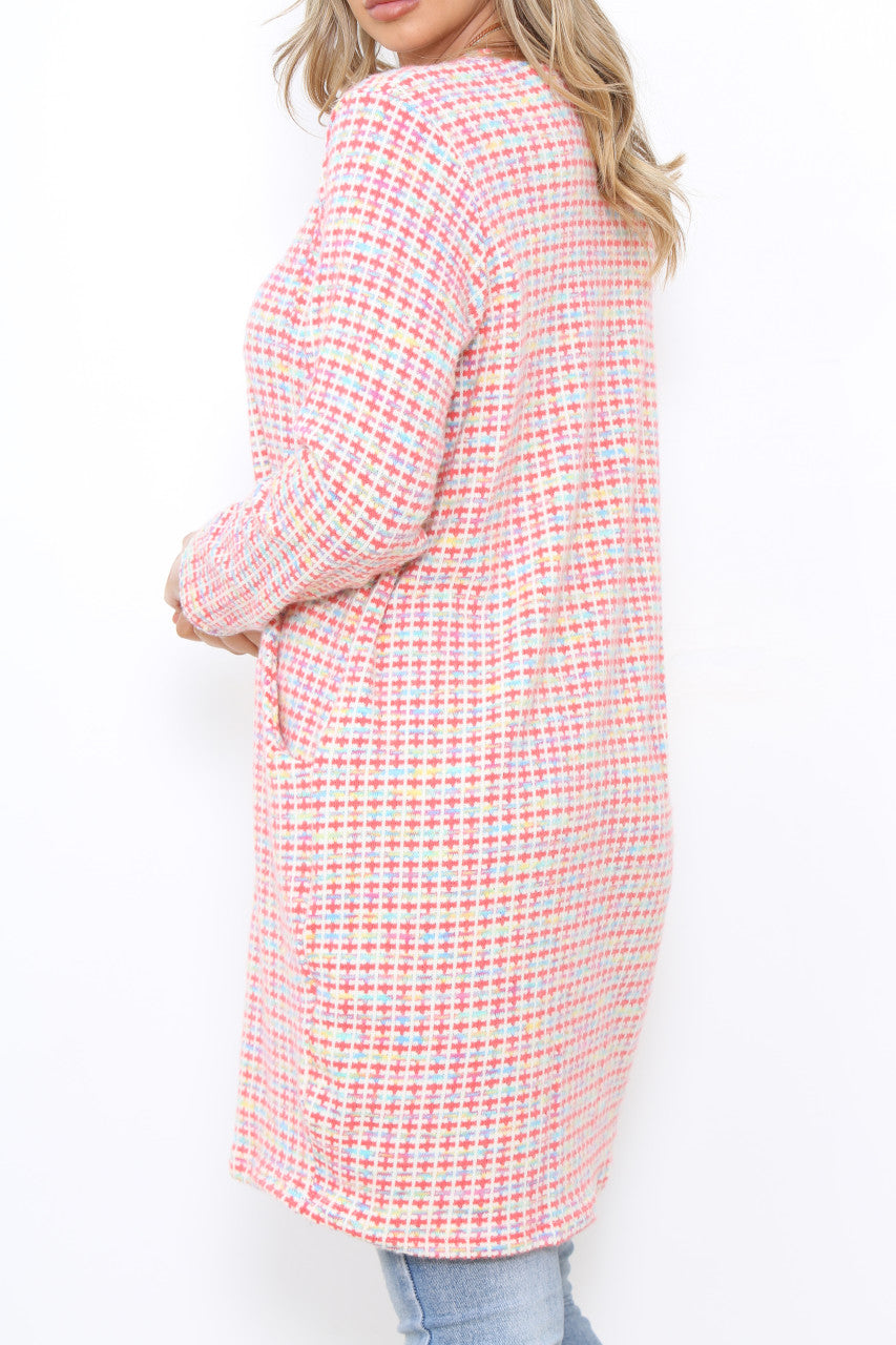 Dames veelkleurige pastelgebreide tuniekjurk roze