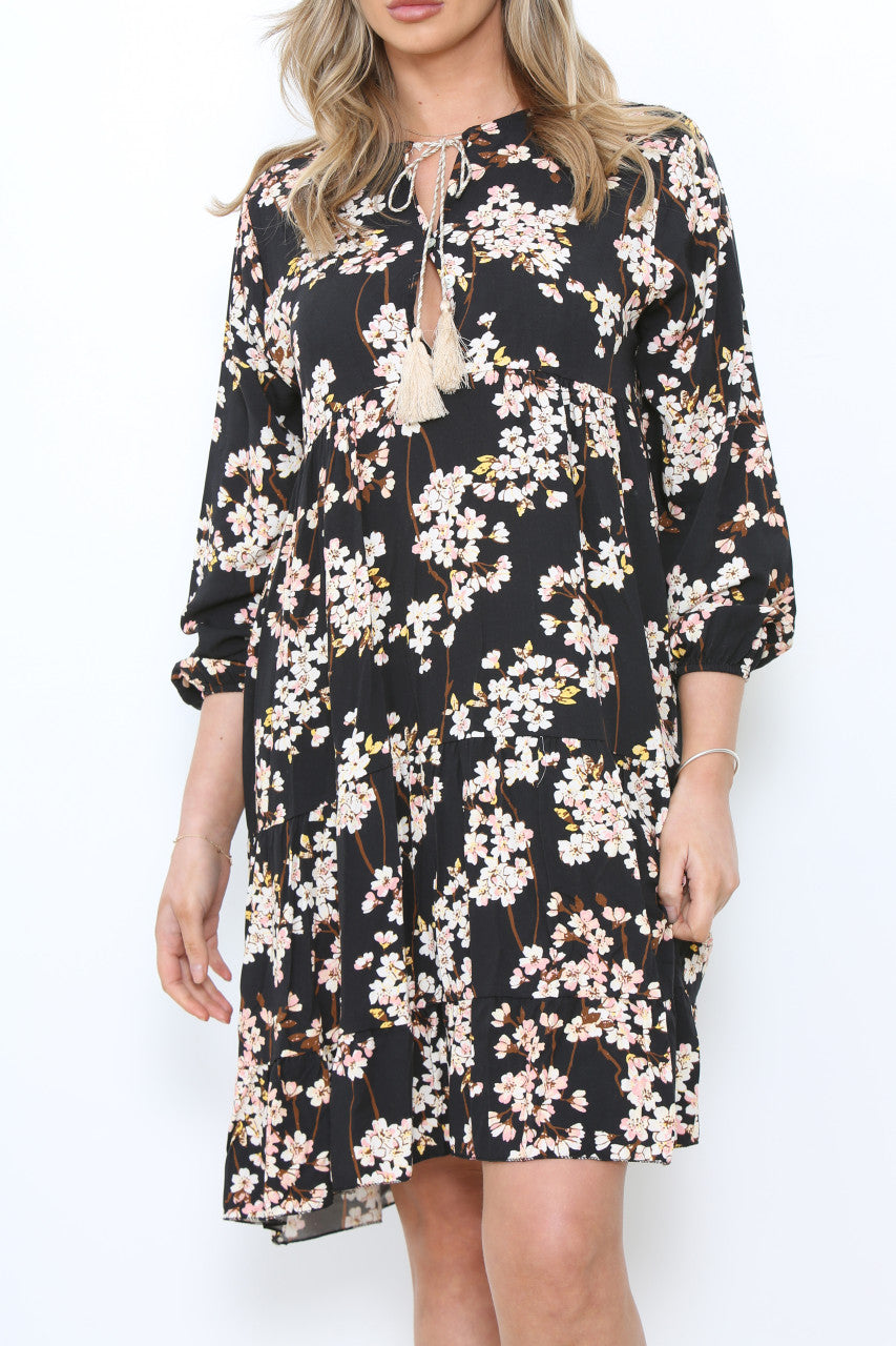 Dames Blossom Tunic Jurk met Bloemenprint Zwart