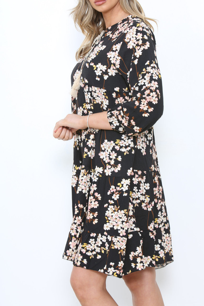 Dames Blossom Tunic Jurk met Bloemenprint Zwart