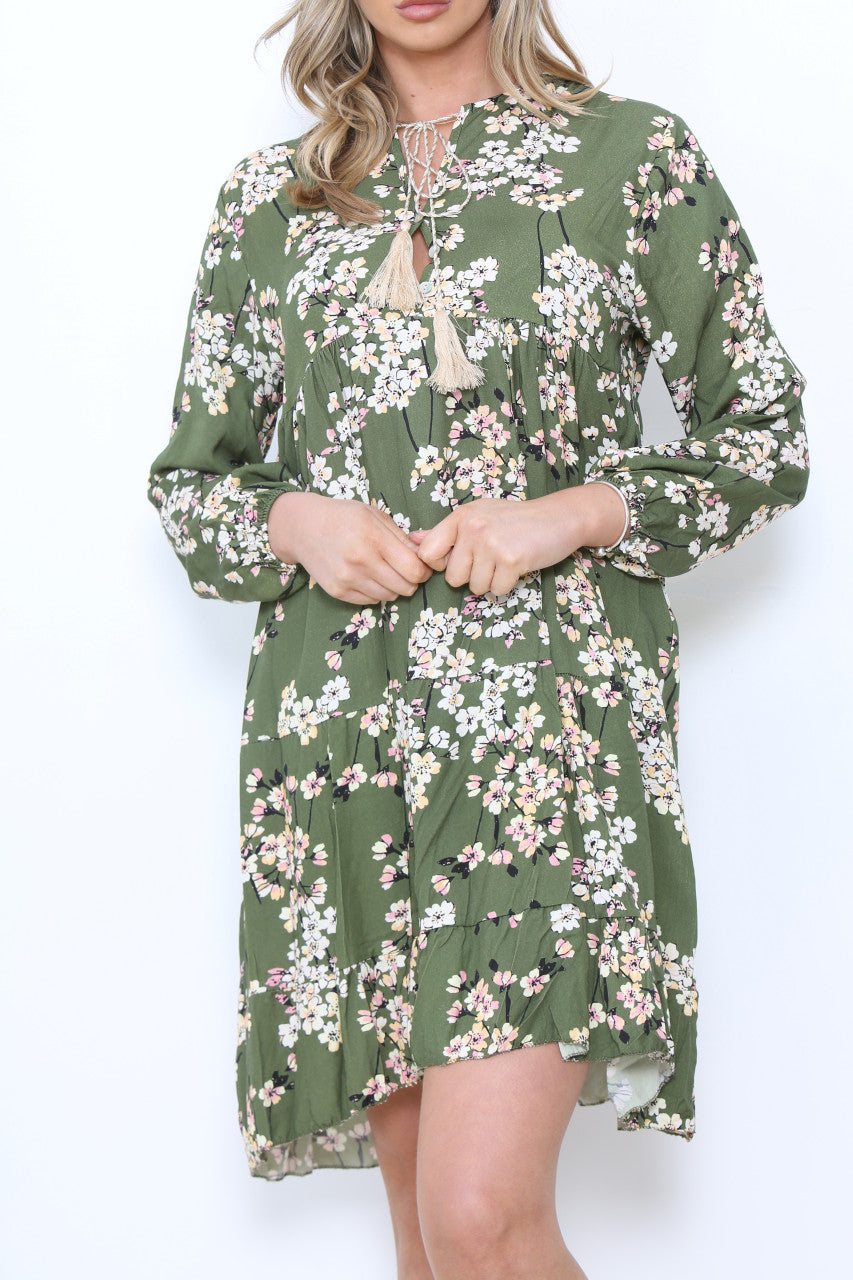 Ladies Blossom Flower Print Tunic Dress Khaki