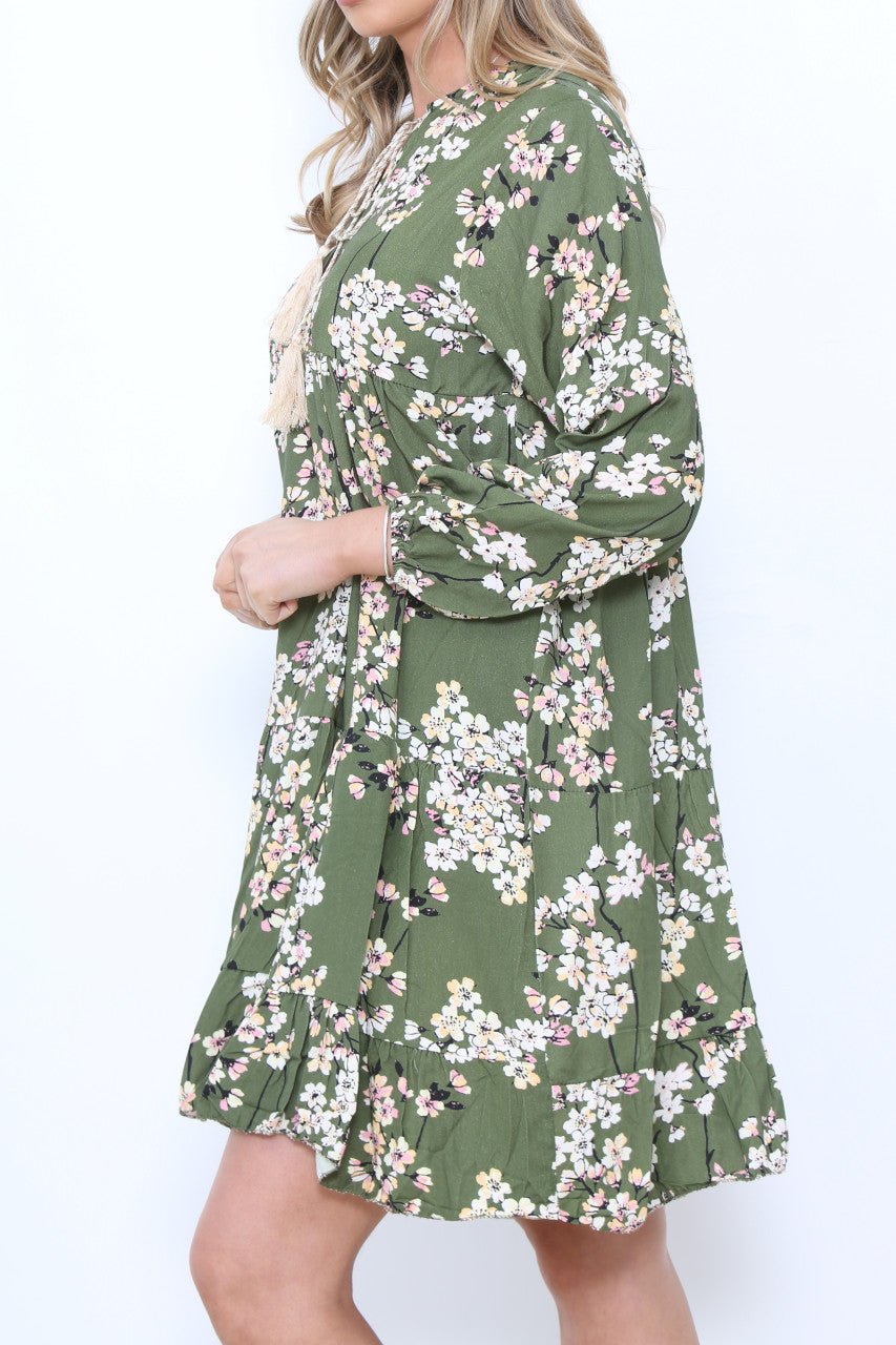 Ladies Blossom Flower Print Tunic Dress Khaki