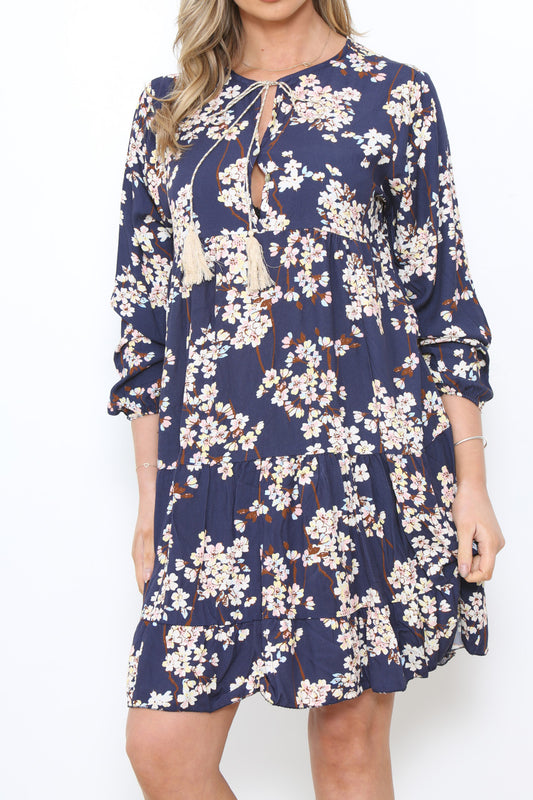 Ladies Blossom Flower Print Tunic Dress Navy