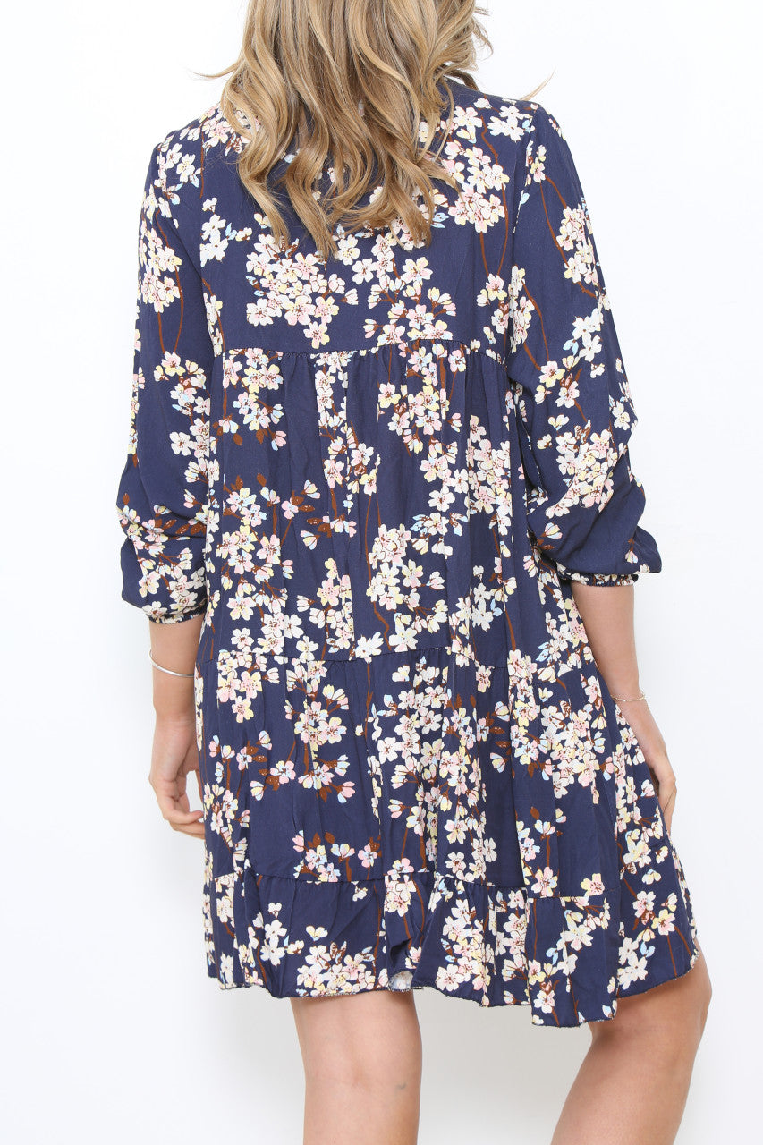 Dames tuniekjurk met bloemenprint marineblauw