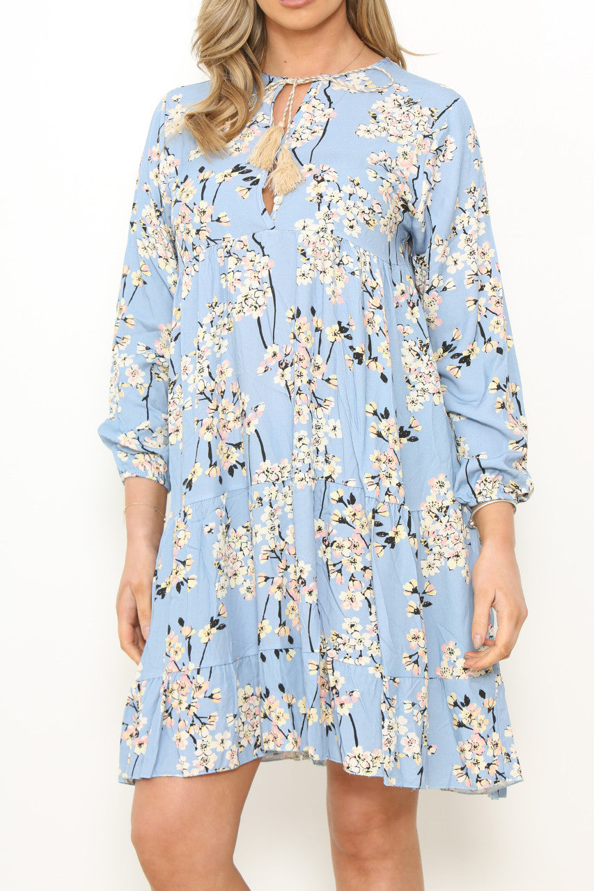 Ladies Blossom Flower Print Tunic Dress Light Blue