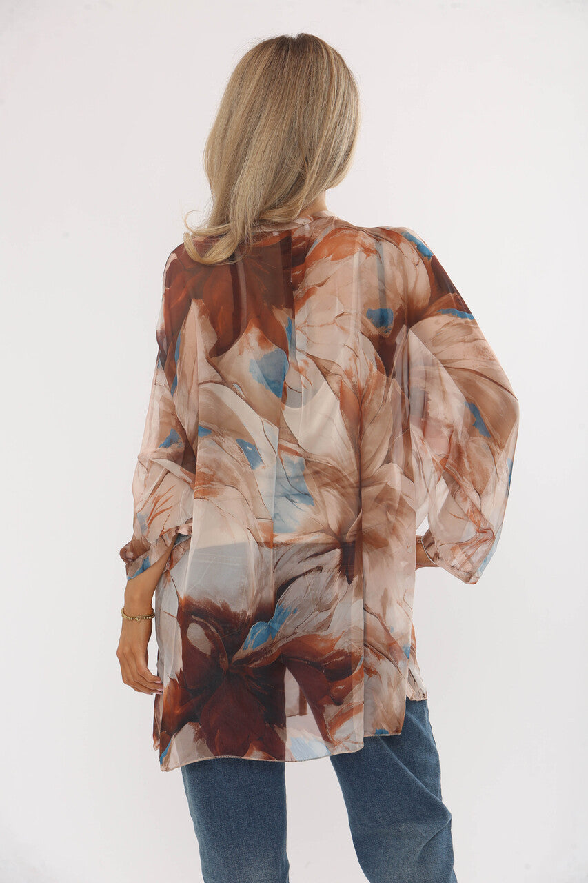 ABSTRACT LEAVES PRINT FLOATY BLOUSE WITH VEST - BEIGE