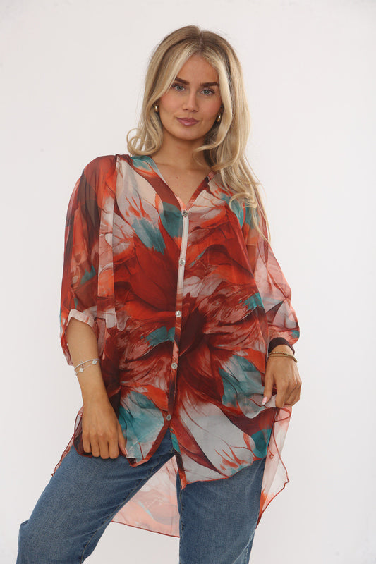 ABSTRACT LEAVES PRINT FLOATY BLOUSE WITH VEST - RUST