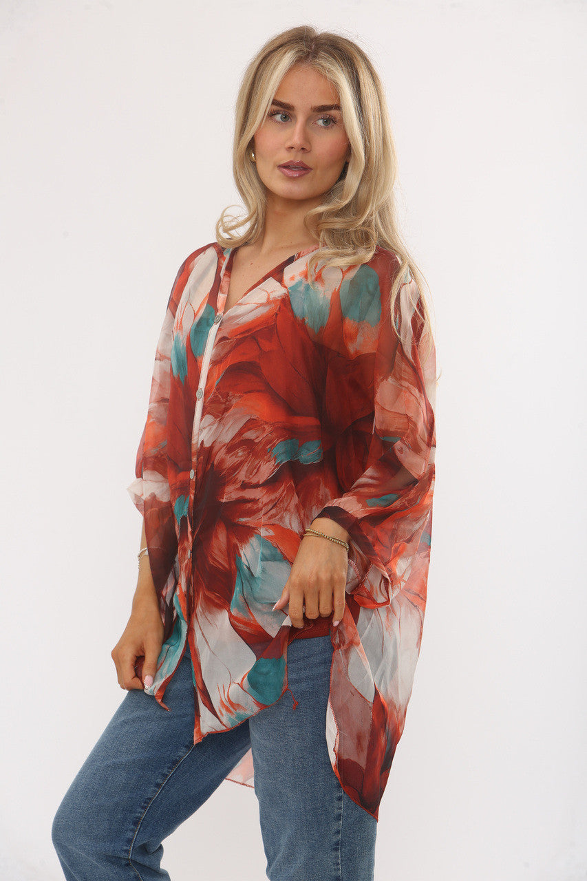 ABSTRACT LEAVES PRINT FLOATY BLOUSE WITH VEST - RUST