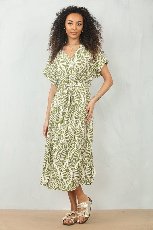 ABSTRACT LEAF PRINT BELTED SHIFT DRESS - OLIVE
