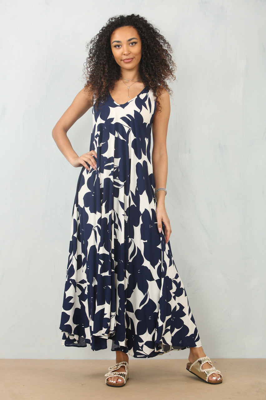 BLOEIMPATROON SILHOUET PRINT MOUWLOZE MAXI JURK - NAVY