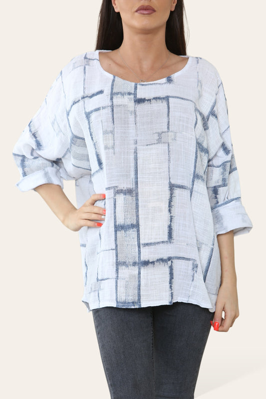 TOP MET PRINT VAN VIERKANTE MEETKUNDIGE VORMEN WIT