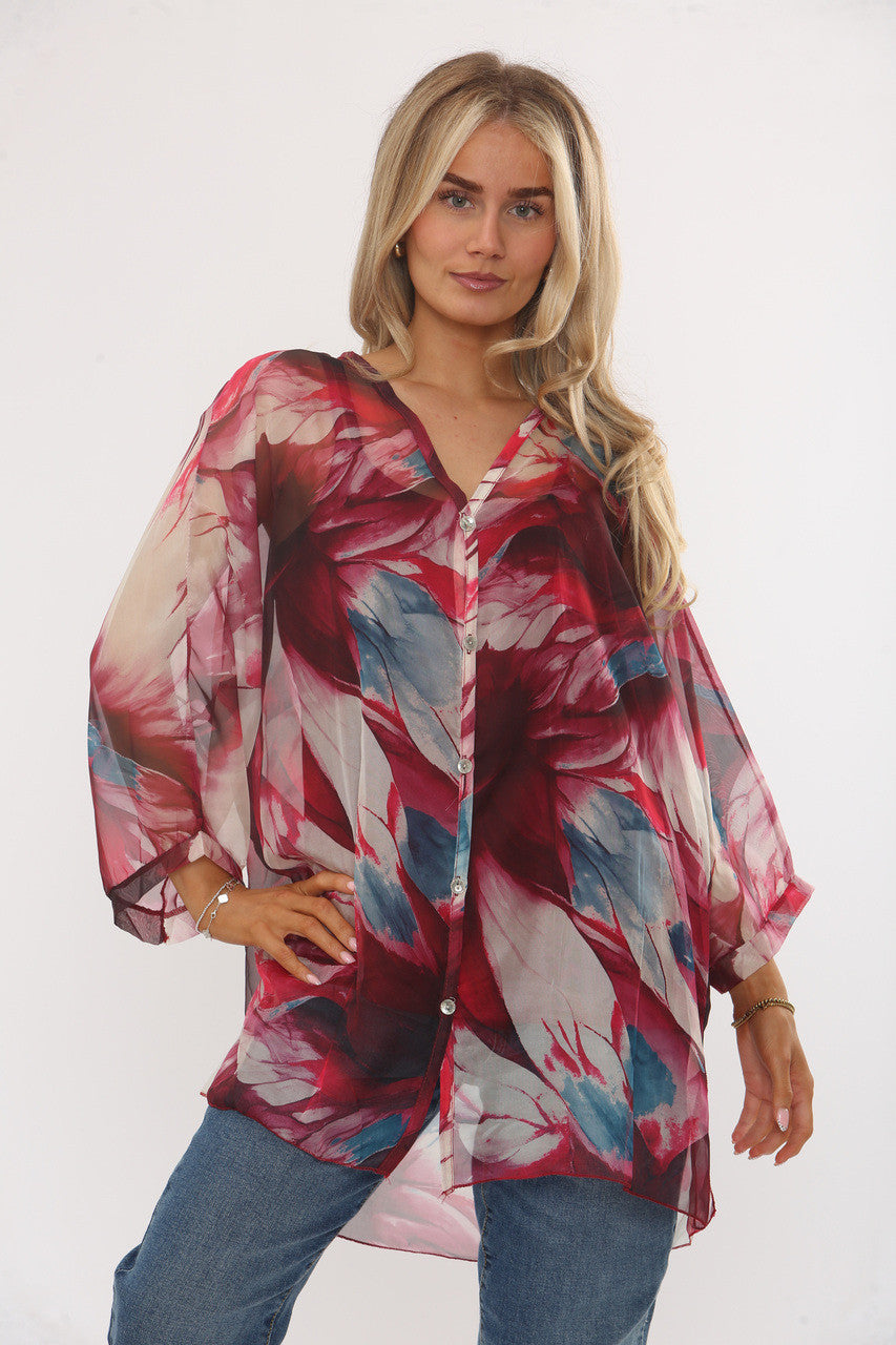 ABSTRACTE BLADPRINT FLOUE BLOUSE MET VEST - BORDEAUX
