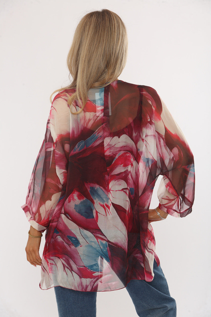 ABSTRACTE BLADPRINT FLOUE BLOUSE MET VEST - BORDEAUX