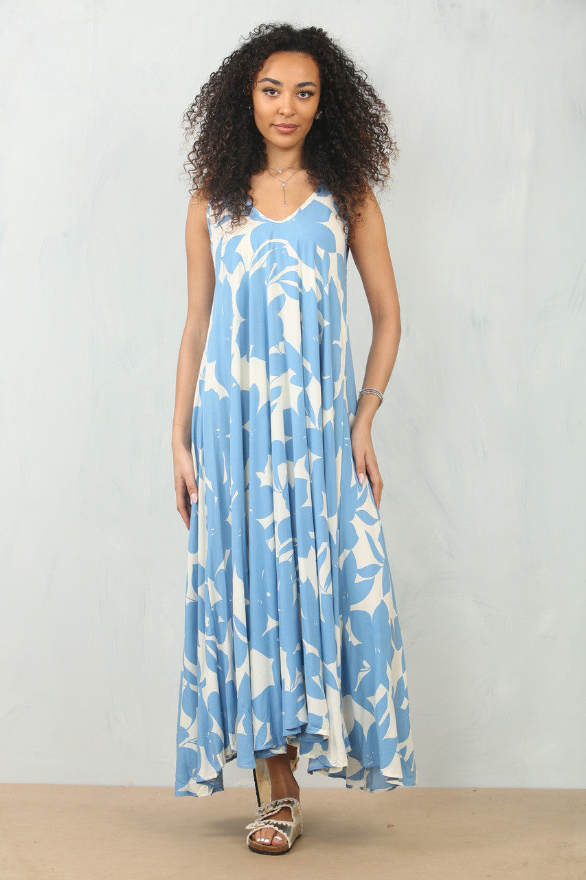 FLORAL SILHOUETTE PRINT MAXIJURK ZONDER MOUWEN - HEMELSBLAUW