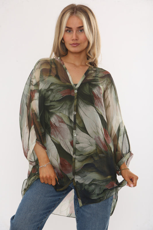 ABSTRACT LEAVES PRINT FLOATY BLOUSE WITH VEST - KHAKI