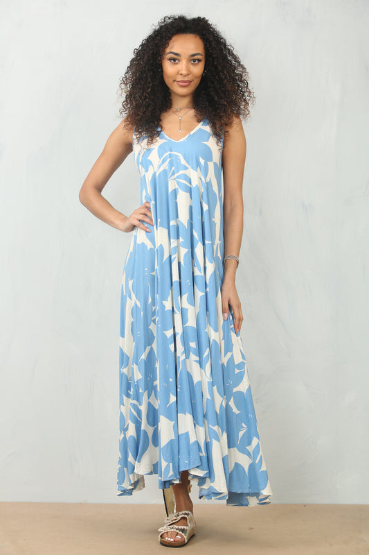 FLORAL SILHOUETTE PRINT SLEEVELESS MAXI DRESS - SKY BLUE