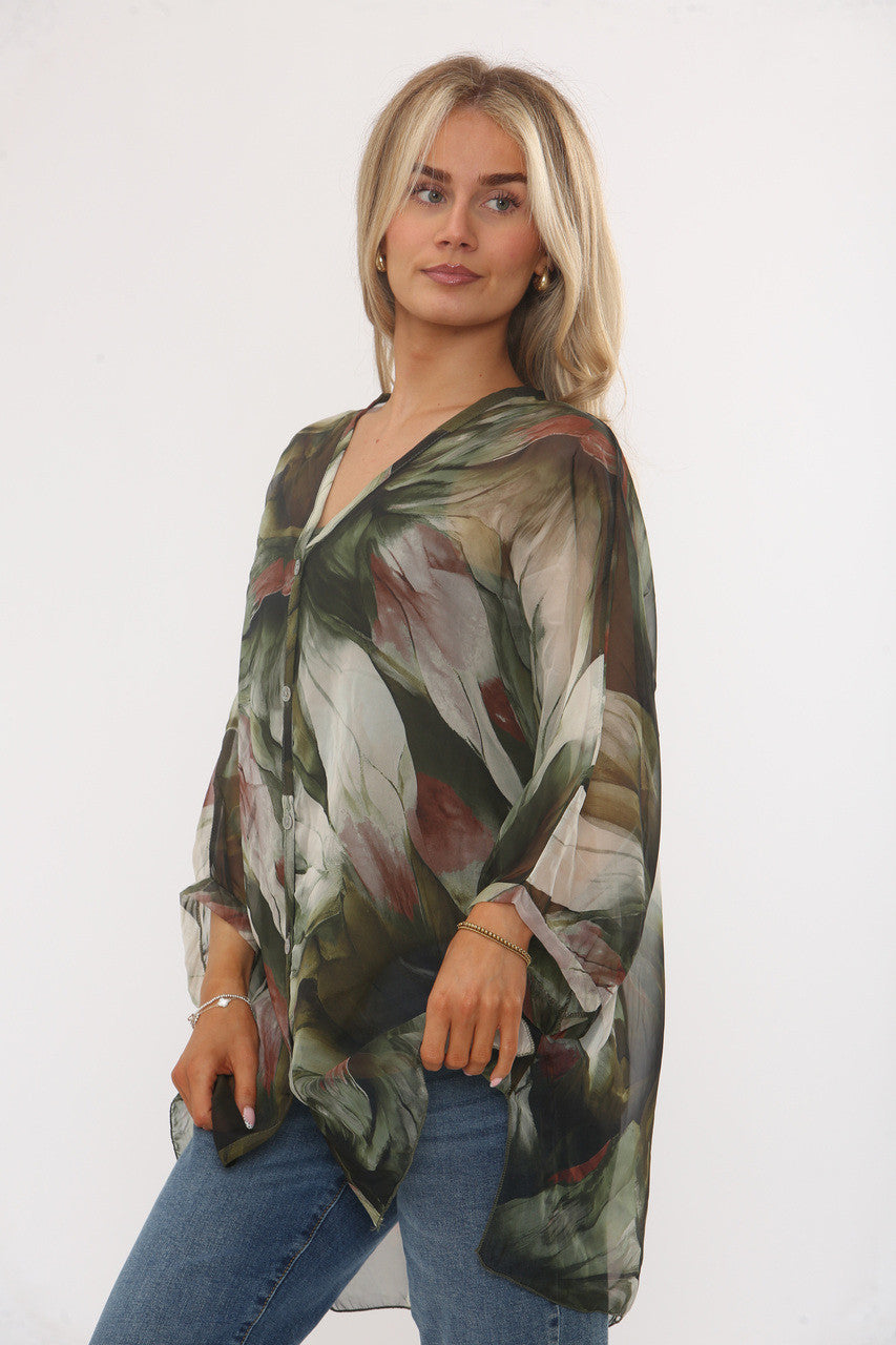 ABSTRACT LEAVES PRINT FLOATY BLOUSE WITH VEST - KHAKI