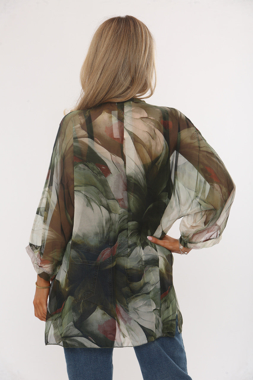ABSTRACT LEAVES PRINT FLOATY BLOUSE WITH VEST - KHAKI