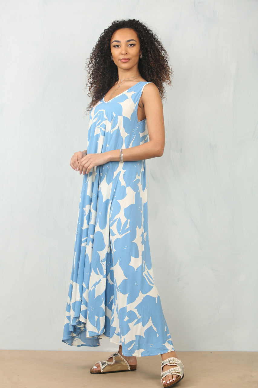FLORAL SILHOUETTE PRINT MAXIJURK ZONDER MOUWEN - HEMELSBLAUW