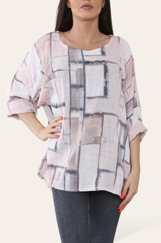 VIERKANTE GEOMETRISCHE VORMEN PRINT TOP STOFROZE