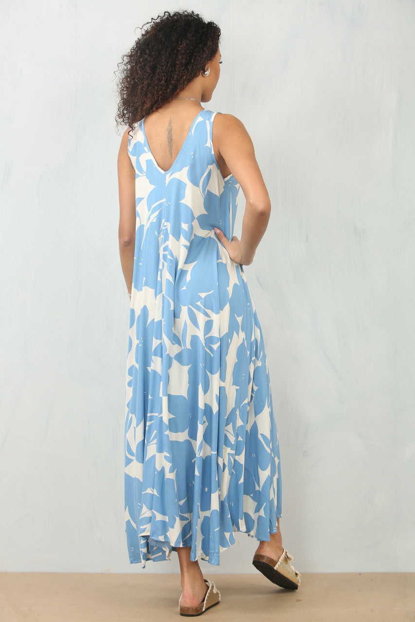 FLORAL SILHOUETTE PRINT MAXIJURK ZONDER MOUWEN - HEMELSBLAUW