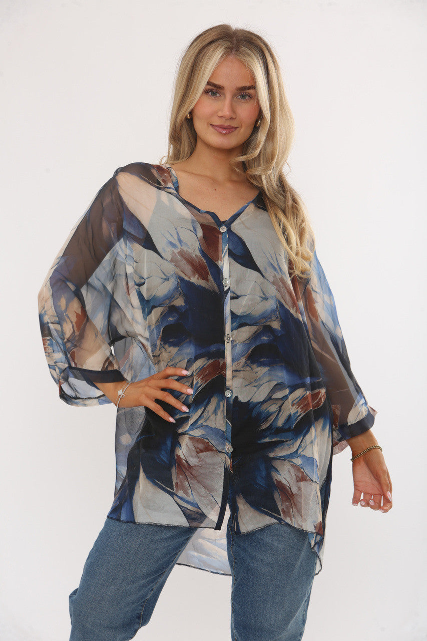 ABSTRACT LEAVES PRINT FLOATY BLOUSE WITH VEST - NAVY