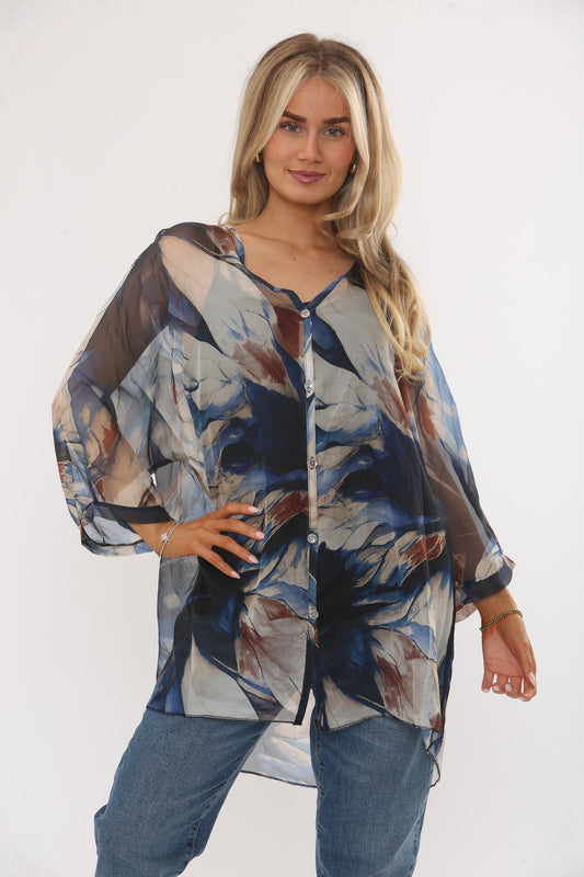 ABSTRACT LEAVES PRINT FLOATY BLOUSE WITH VEST - NAVY