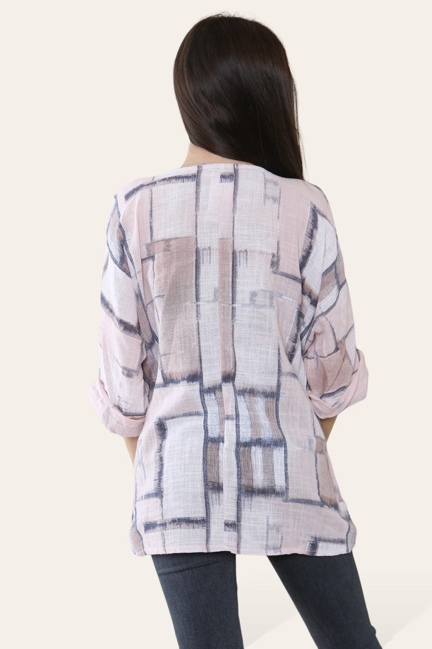 SQUARE GEOMETRIC SHAPES PRINT TOP DUSTY PINK