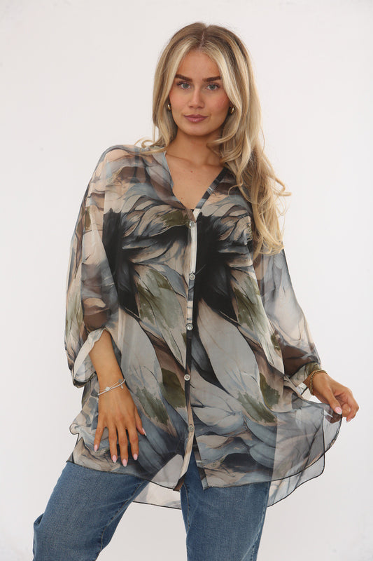 ABSTRACT LEAVES PRINT FLOATY BLOUSE WITH VEST - BLACK