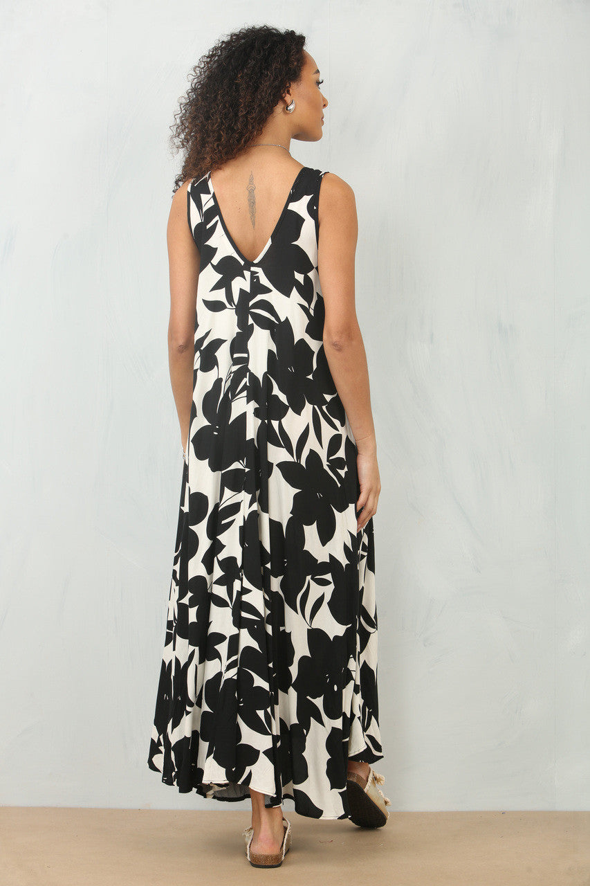 BLOEMENSILHOUET PRINT MOUWLOZE MAXI JURK - ZWART